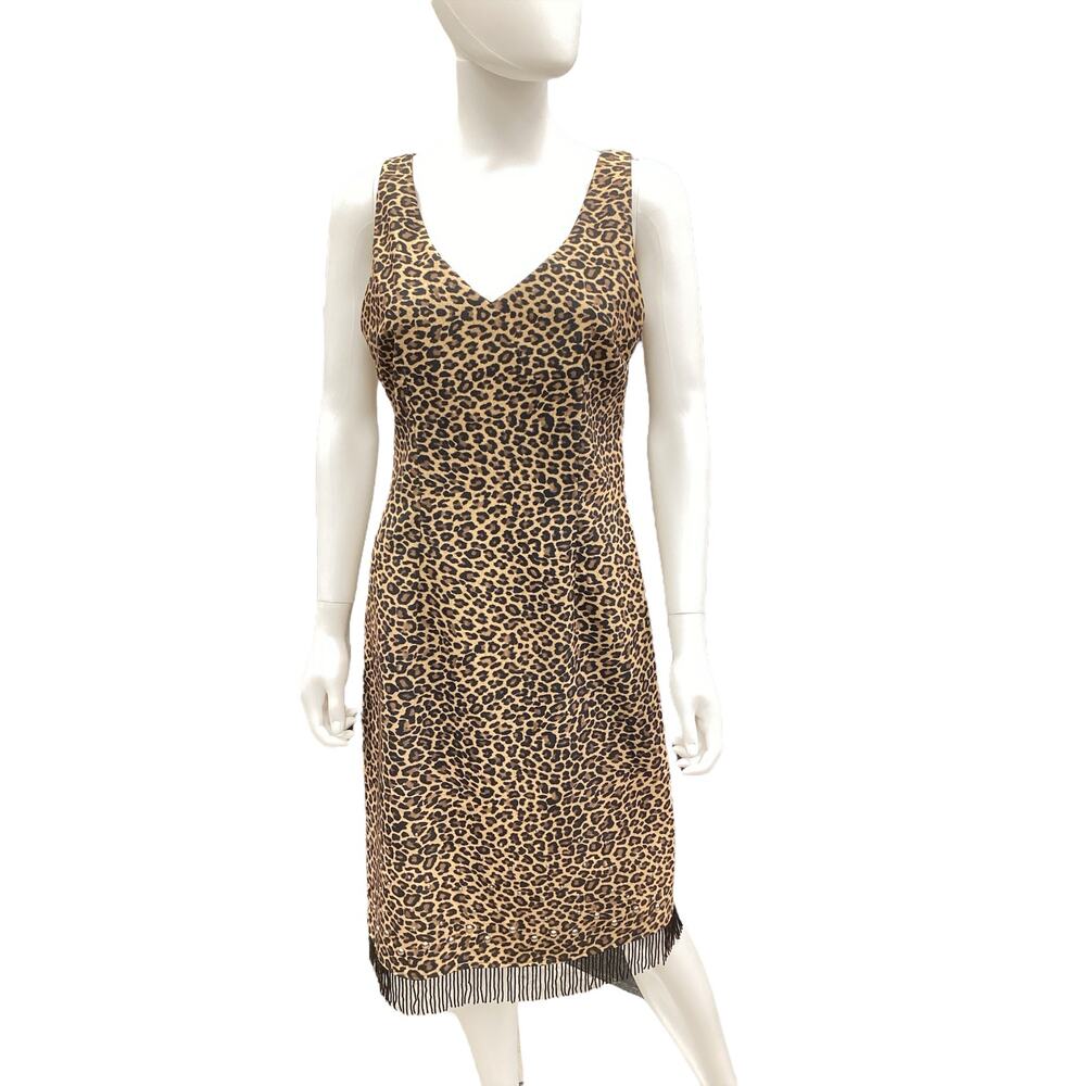 Mica Dress Women’s SZ 8 Animal Print Sheath Dress Beaded Fringes Studded Design